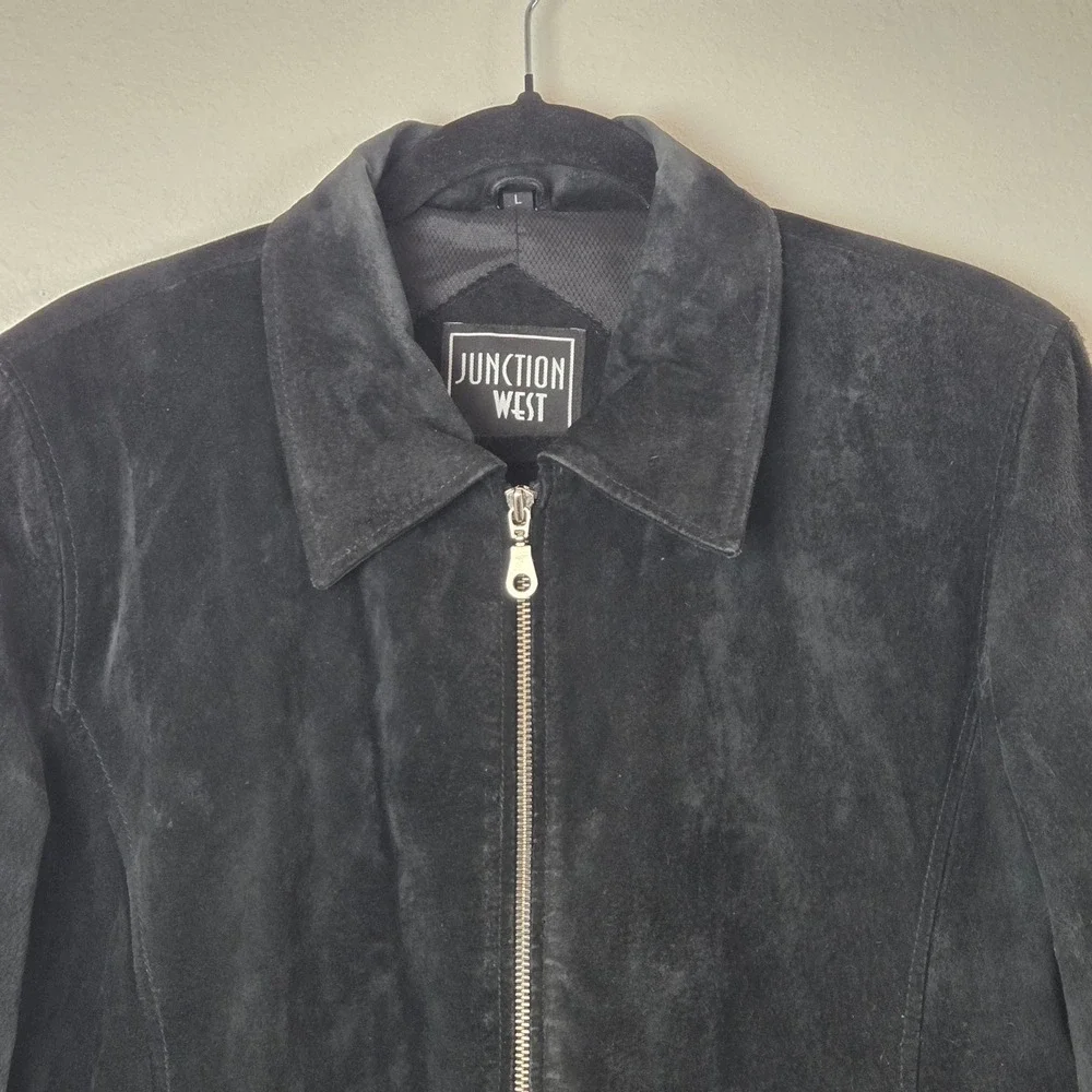 Junction West Women Black Suede Leather Jacket‎ Full Zip Minimalist Size L